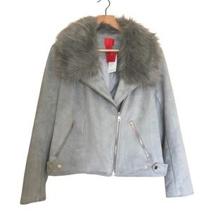 ✨HP✨NWT - V Cristina Gray Suede Moto Bomber Jacket Detachable Faux Fur Collar